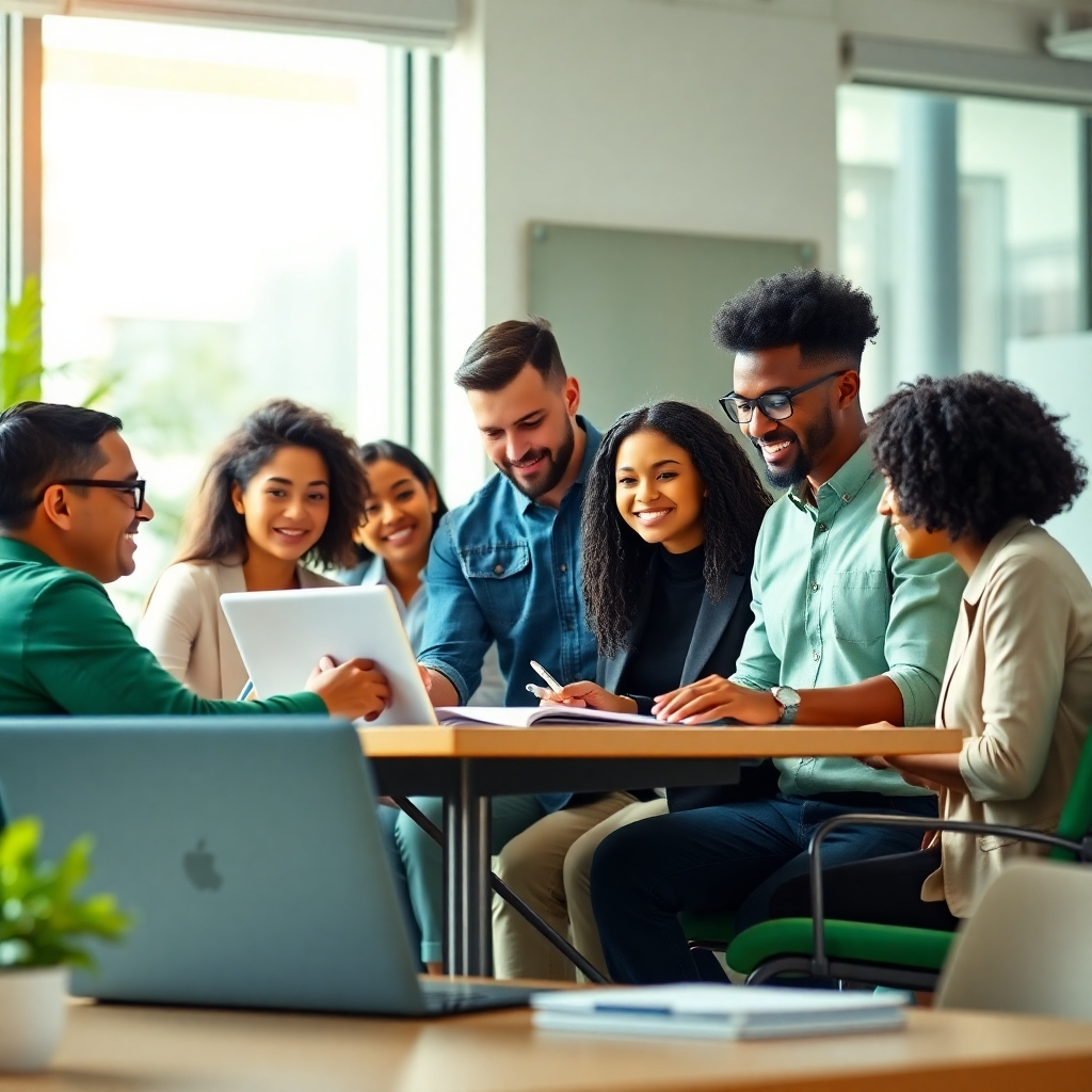 A photorealistic image of a diverse team working collaboratively in a modern office environment. The lighting is bright and inviting, fostering a sense of teamwork. Color palette: greens, blues, and yellows.
