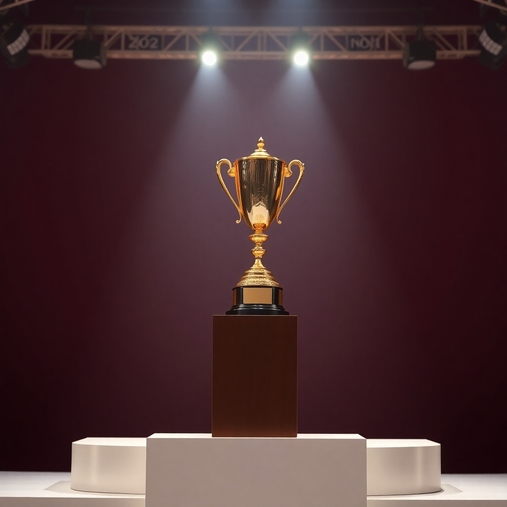 A photorealistic image of a winner on a podium, holding a trophy representing excellence. The lighting is focused and celebratory. Color palette: golds and silvers. Camera angle: medium shot, capturing the emotion.