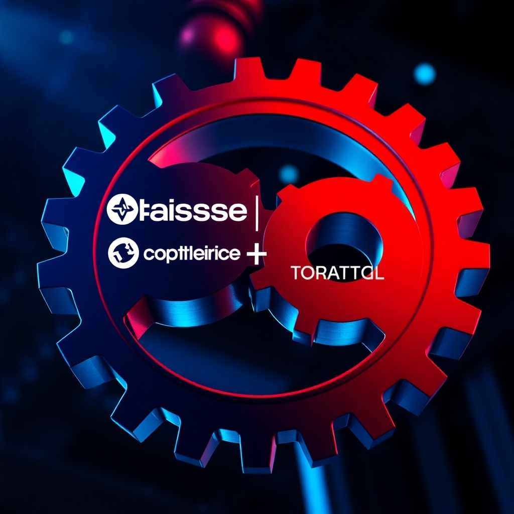 A stylized image showing two gears interlocking, representing the partnership between Passerine Group and TOPTAL GROUP. The lighting is dynamic and powerful. Color palette: blues and reds. Camera angle: low angle, emphasizing the strength.