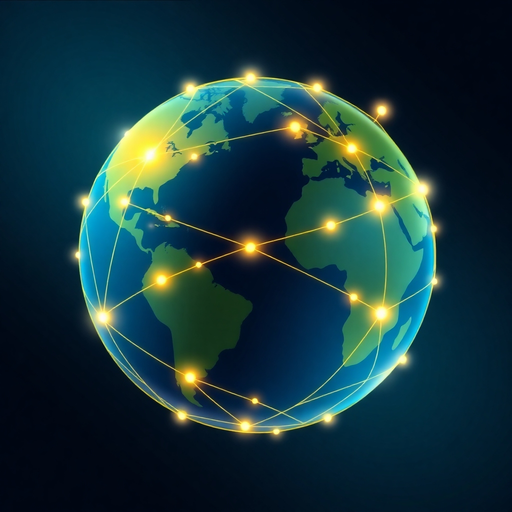 A stylized representation of a globe, with interconnected nodes symbolizing talent networks across different continents. The lighting is vibrant and dynamic, highlighting global connectivity. Color palette: blues, greens, and golds.